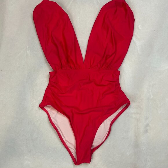 NWT Plunging Ruched One Piece Swimsuit Women Vibrant Red Medium Cupshe - Picture 3 of 16